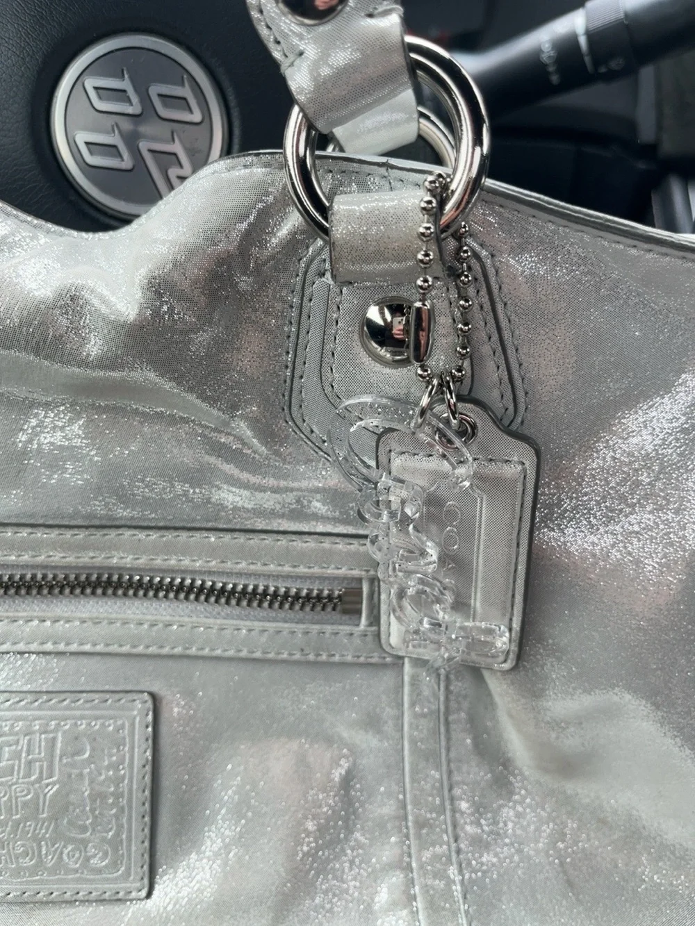 2010 poppy Coach Metallic Silver Leather Tote Bag - Coach